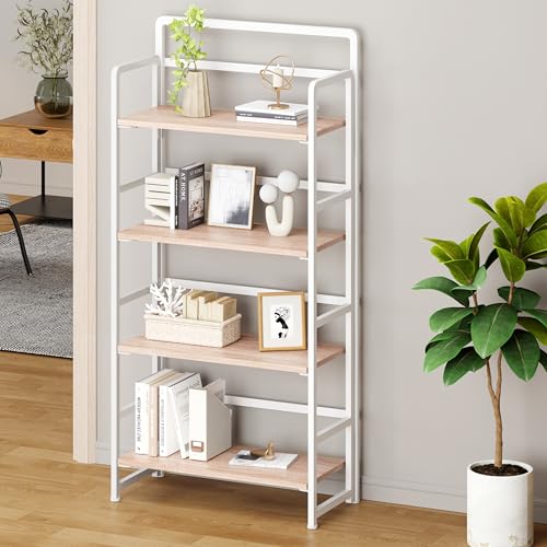 No Assembly Folding Bookshelf, 4 Tiers Collapsible Book Shelf for Home Office, Vintage Wood Foldable Bookcase Storage Organizer for Living Room Bedroom (Beige) - color: Beige, size: 4-tier