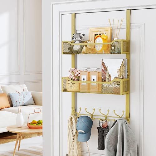 SWTYMIKI Over The Door Hooks Organizer - Multi-Functional Door Hanger with 16 Hooks & 2 Mesh Baskets, Long Coat Rack for Bathroom, Bedroom, Living Room, Home Storage Organizer, Gold - color: Gold