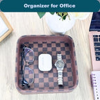 Leather Valet Tray for Men (Solid Wood Inside), Key Trays Bowl for Entryway Table, EDC Catch All Dish, Organizer Decorative Tray for Cologne Jewelry Perfume Watch Wallet- Brown Checkered PU