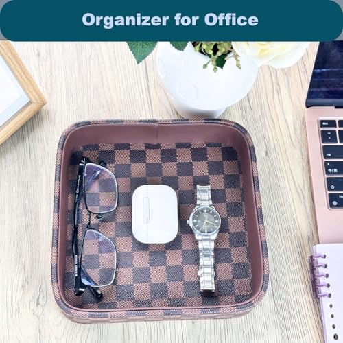 Leather Valet Tray for Men (Solid Wood Inside), Key Trays Bowl for Entryway Table, EDC Catch All Dish, Organizer Decorative Tray for Cologne Jewelry Perfume Watch Wallet- Brown Checkered PU