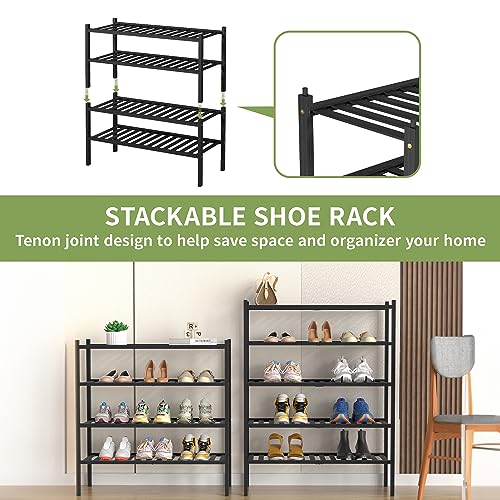 ROMGUAR CRAFT 5 Tier Bamboo Shoe Rack for Closet Free Standing Wood Shoe Shelf for Entryway Small Space Stackable 27"x11"x33" (Black) - color: Black, size: 5 tier