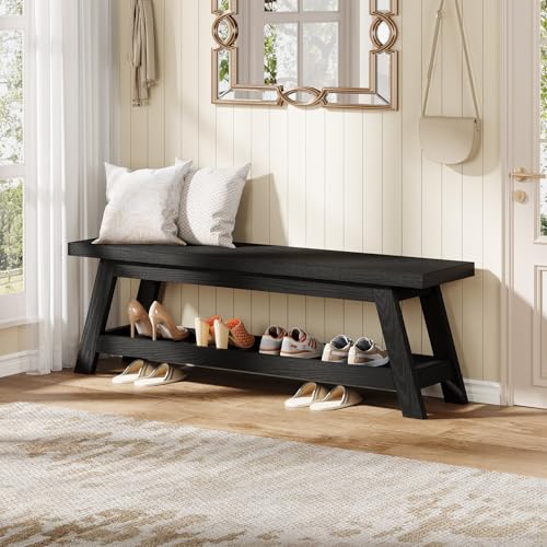 Tribesigns Wood Black 2-Tier Entryway Bench with Shoe Storage, 55" Large Narrow Hallway Foyer Seating Bench with Open Shelves for Entryway, Bedroom, Mudroom - color: Black