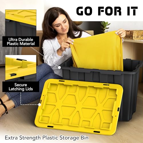 4 PACK X-Large Black & Yellow Storage Bins | Plastic Tote Organizing Container with Secure Latching Lids, Stackable, Extra Strength with Built in Handle | Black and Yellow Bins | 24.5" x 16.5" x 16.6" - size: X-LARGE - 24.5" x 16.5" x 16.6"