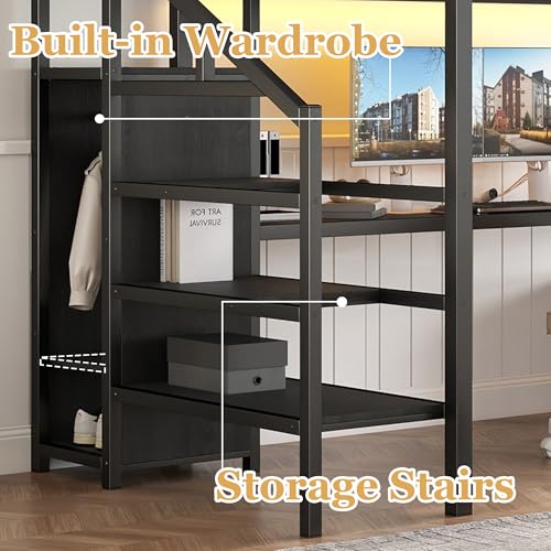 Bellemave Full Size Metal Loft Bed with L Shaped Desk and Wardrobe, Heavy Duty Loft Bed Frame with Storage Stairs, LED Loft Bed Frame with Charging Station & Safety Guardrails, Black - color: Black, size: Full