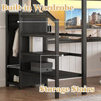 Bellemave Full Size Metal Loft Bed with L Shaped Desk and Wardrobe, Heavy Duty Loft Bed Frame with Storage Stairs, LED Loft Bed Frame with Charging Station & Safety Guardrails, Black - color: Black, size: Full
