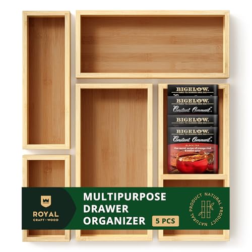 ROYAL CRAFT WOOD Adjustable Bamboo Drawer Dividers Organizers (17-22") - Multipurpose Storage Boxes 5 pcs