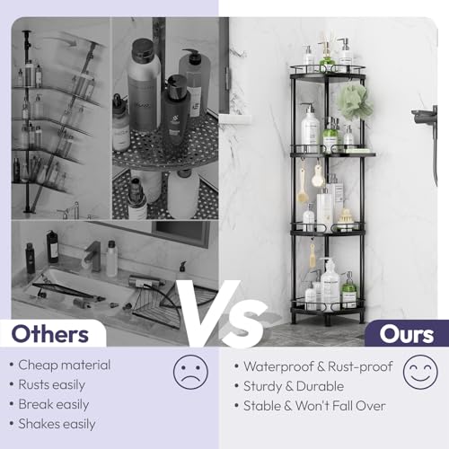 SWTYMIKI Corner Shower Caddy Standing - 4 Tier Stainless Steel Shower Organizer Stand with 4 Hooks & Soap Holder, Rustproof Metal Standing Tall Floor Shower Shelf and Bathroom Organizer, Black - color: Black-4 tier