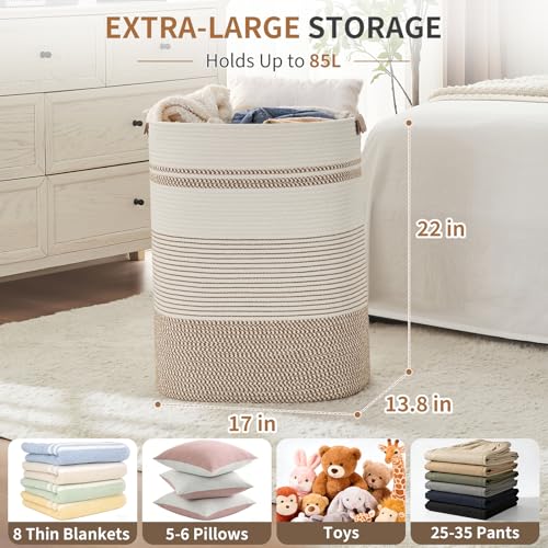 AINUOQI Laundry Basket with Handles - Blanket Basket & Hampers for Bedroom Aesthetic, Laundry Hamper & Blanket Storage for Living Room, Clothes Hamper, Tall, Large 17" x 14" x 22”, Brown & White - color: Brown & White, size: 85L