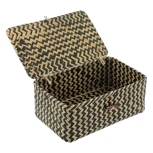 Hipiwe Seagrass Storage Baskets with Lid Woven Wicker Storage Bins for Organizing Natural Rectangular Home Organizer for Bedside Living Room Entryway Table,10.2" x 6.3" x 3.9" - color: Black, size: Small