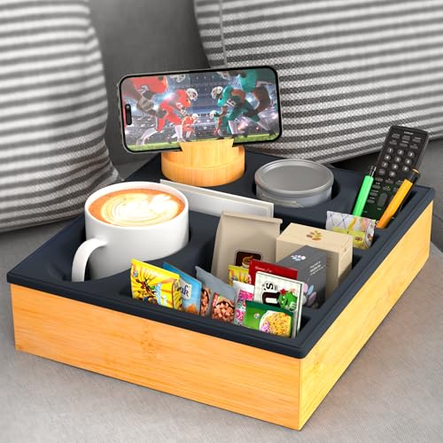 Couch Cup Holder Tray - Couch Organizer Caddy, Silicone Beach Caddy with Cup Holder, Sofa and Bed Drink Holder and Couch Tray Table for Snacks Beverage Remote (Black) - color: Black