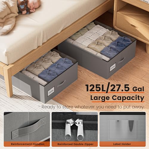 XXXXL 125L Under Bed Storage, Storage Containers with Support & Clear Lid, Support Frame, Underbed Storage Bins for Clothes, Shoes, Blankets, and Toys 2 pack (125L) - size: 125L