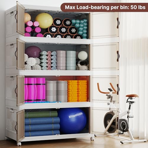480QT Extra Large Stackable Storage Bins with Lids & Wheels & Door, 120Gal Foldable Collapsible Closet Organizers, Plastic containers drawers for bedroom Dorm - color: White