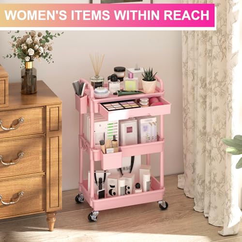 Goovilla 3 Tier Rolling Utility Cart Organizer with Removable Drawer, Stable and Sturdy Pink Rolling Storage Carts with 2 Lockable Wheels for Bathroom, Kitchen, Snack, Craft, Makeup, Baby Essentials - size: 3 Tier, style: Pink