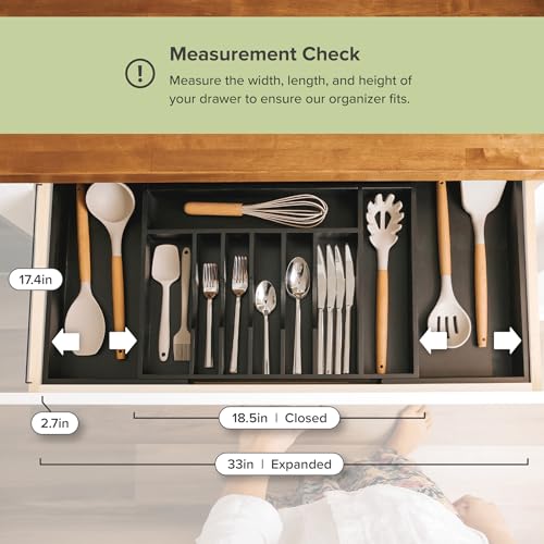 KitchenEdge Premium Silverware, Flatware and Utensil Organizer for Kitchen Drawers, Food-Safe Contract Grade, Expandable from 18 to 33 In, Black Bamboo - color: Black Bamboo, size: From 18" to 33" wide