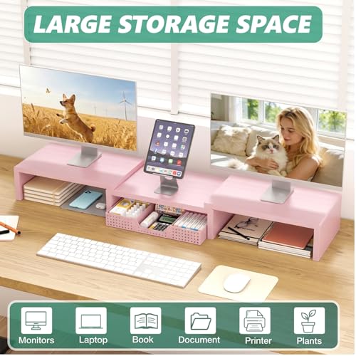 OPNICE Desk Organizers and Accessories, Dual Computer Monitor Stand Riser with Drawer, Office Decor for Women, Office Desk Accessories & Workspace Organizers, Pink - color: Pink
