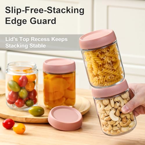 NETANY 6-pack 16oz Glass jars with Airtight Lids, Overnight Oats Containers with Lids, Wide mouth Mason Salad jars, Glass Food Storage Containers for Snacks Yogurt Spice Sugar-Pink - color: Pink-6pack-16oz