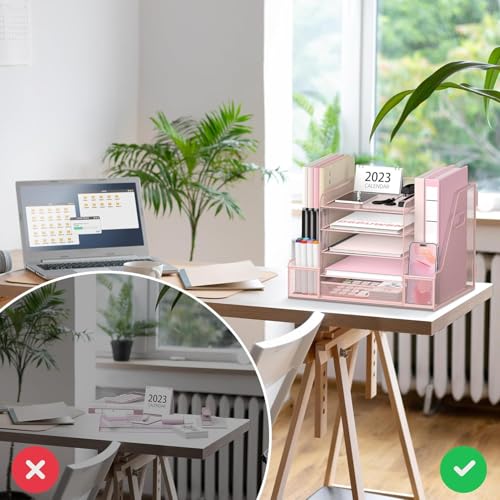 SUPEASY Mesh Desk Organizer with File Holder, 5-Tier Paper Letter Tray Organizer with Magazine Holder, Desktop Organizer and Storage with Drawer for Office Supplies Home or School (2Pack-Pink) - color: 2Pack-Pink