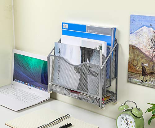 EasyPAG Mesh Desk Paper Organizer Wall Hanging File Holder with 3 Upright File Rack and Sliding Drawer,Silver - color: Silver