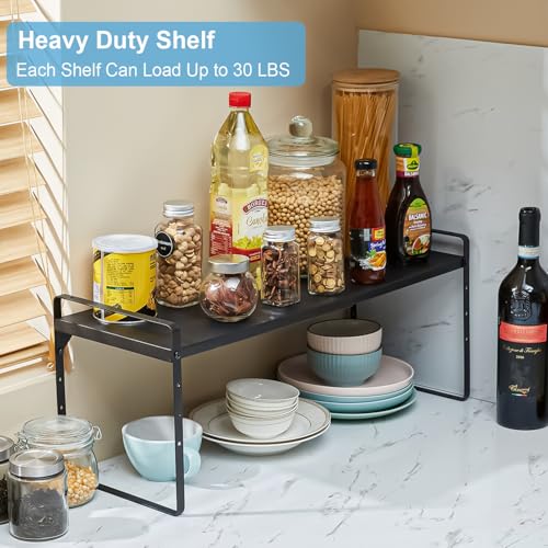 15.5 to 25.5 Inch Kitchen Cabinet Shelf Organizers, Adjustable Kitchen Counter Shelf Organizer, Set of 4 Expandable Countertop Storage Shelves, Stackable Design, 30LBS Heavy Duty, Space Saver - color: Black