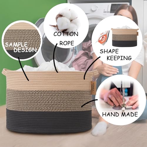COMFY-HOMI XXXL Large Laundry Basket, Cotton Rope Nursery Woven Basket for Storage, Blanket Baskets Living Room Laundry Hamper, Dog Toy Storage Organizer, Home Decor-21''x21''x13.6''-Jute and Black - color: black/camel
