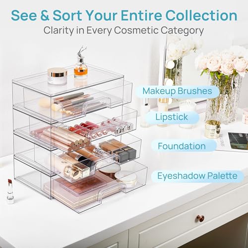 Vtopmart 12.1''W Clear Stackable Storage Drawers,2 Pack Acrylic Plastic Organizers Bins for Makeup Palettes, Cosmetics, and Beauty Supplies,Ideal for Vanity, Bathroom,Cabinet,Desk Organization - style: 2pack Wide