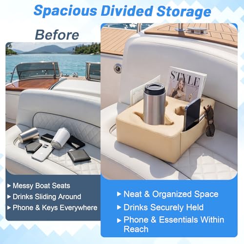 BBTO Pontoon Cup Holder, Boat Seat Cup Holder Sofa Organizer with Side Pockets Anti-Slip PU Leather Portable Three Drink Beverage Holders for Pontoon Boat Sofa Rv Couch Car Back Seat