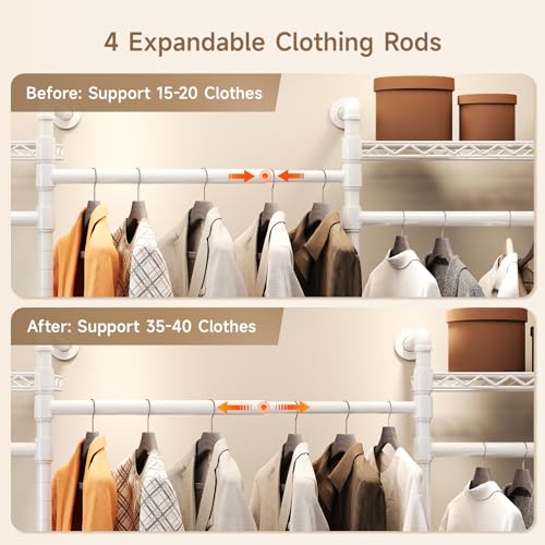 Wall Mounted Garment Rack, Walk-in Closet System with Expandable Rods, Adjustable Shelves, Industrial Pipe Clothing Racks, Hanging Clothes Organizers and Storage, Metal Closet Shelving Wardrobe - color: White