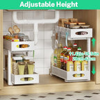 2 Pack Under Sink Pull Out Organizer, 2-Tier Adjustable Height Carbon Steel Storage Rack for Kitchen and Bathroom Cabinet, White - color: White