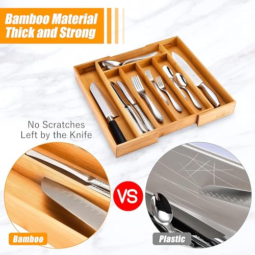 Kitchen Silverware Drawer Organizer and Storage Flatware Cutlery Utensil Holder Spice Rack Containers Bathroom Counter Cabinet Office Desk Makeup Drawer Tray Kitchen and Dining Tools Decor Accessories - color: Nature, size: 7 Slots Expandable-2PC