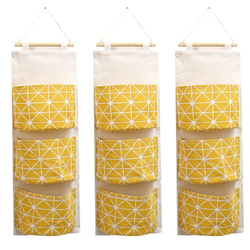 COVRA 3-Pack Wall Hanging Storage Bags – Over-the-Door Organizers with 3 Large Pockets (6.3" × 5.1"), Hanging Closet & Pantry Organizer for Bedroom, Bathroom, Dorm, and More (Yellow) - color: Yellow