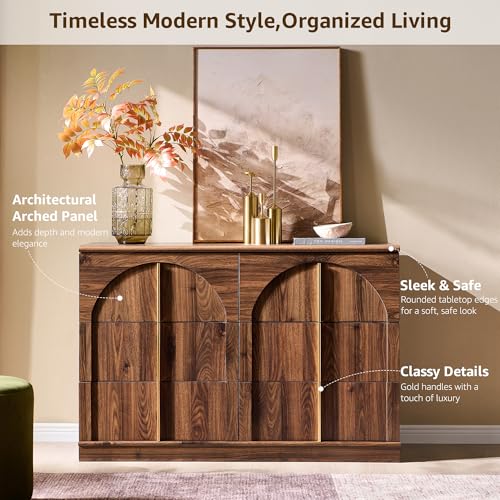 ACCOHOHO Arched Dresser for Bedroom with 6 Drawers, 47.3" Wide Modern Chest of Drawers with Rounded Edge & Metal Handles, Wood Storage Closet Dressers TV Stand for Living Room, Hallway, Brown - color: Brown, size: 15.6"D x 47.3"W x 32"H (6 Drawers)