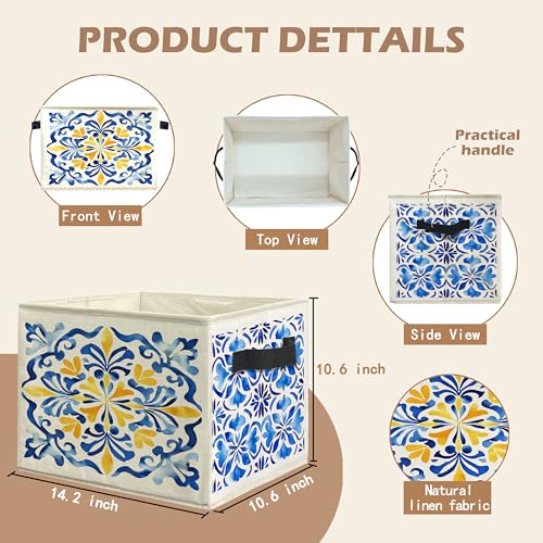 Blue and Yellow Mediterranean Tiles Storage Bin Box with Handles, Vintage Moroccan Floral Foldable Linen Fabric Laundry Basket for Home Bedroom Bathroom Clothes Toys Books - color: Floral-D