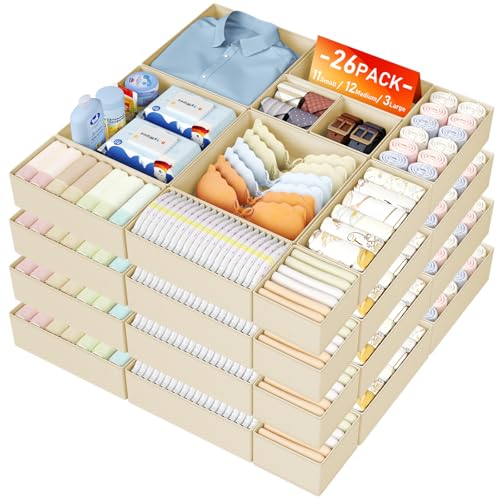 DIMJ Drawer Organizer Clothes, 26 Pack Dresser Organizer, Foldable Closet Organizers and Storage, Fabric Dresser Bins, Drawer Dividers for Nursery, Baby Clothes, Underwears, Sock,Beige - color: Beige, size: 26 Pack