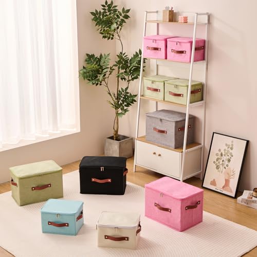 3PCS Storage Bins Boxes with Zippered Lids Cotton Linen Fabric Decorative Basket PU Leather Handles PP Plastic Board Foldable Lidded Clothing Shelf Closet Organizer Container (Black, Small) - color: Black, size: Small ( Pack of 3 )