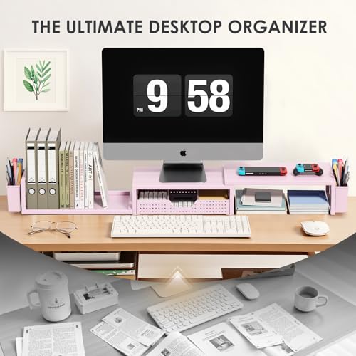OPNICE Desk Organizers and Accessories, Dual Monitor Stand Riser with Drawer and 2 Pen Holders, Desk Shelf Metal Computer Racks for Office Workspace Organizers, Desktop Organization (Pink Metal) - color: Pink Metal, size: With drawer and pen holder