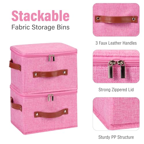 3PCS Storage Bins Boxes with Zippered Lids Cotton Linen Fabric Decorative Basket PU Leather Handles PP Plastic Board Foldable Lidded Clothing Shelf Closet Organizer Container (Pink, Small) - color: Pink, size: Small ( Pack of 3 )