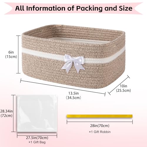 OIAHOMY Large Woven Storage Basket with Handles for Nursery Living Room Shelves, Bow Basket for Gifts Empty with Gift Bags and Ribbons for Baby Showers Pet Toy Bin - Brown & White - color: Brown & White