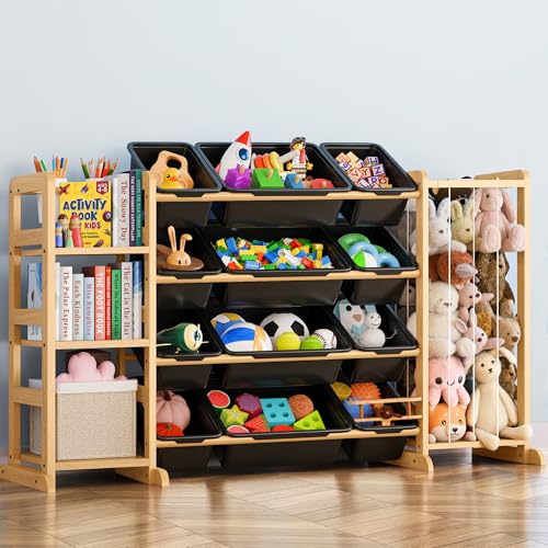 Toy Storage Organizer with Bookshelf and Stuffed Animal Storage - Kids Playroom Organization with Shelves and 12 Toy Bins - Toddler Living Room Toy Box for Lego - Nursery Bedroom Decor Essentials - color: Black, size: 55.2"W,3 Shelves,12 Bins