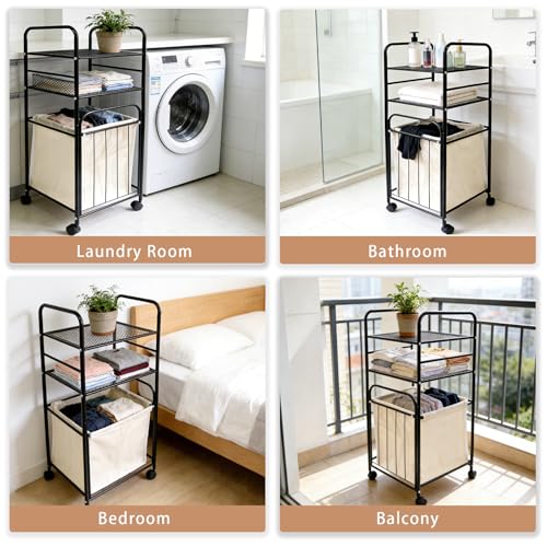 Rolling Storage Cart with Laundry Hamper, 3-Tier Rolling Utility Cart, Removable Laundry Basket - Metal Storage Organizer with Lockable Wheels for Bathroom - 80L, 14.4" x 13.8" x 39.7"