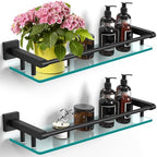 Bathroom Glass Shelf 20IN Rectangular Stainless Steel Tempered Glass Shelves Modern Stainless Steel Wall Mount Bathroom Shelf (Matte Black, 20‘’) - color: Matte Black, size: 20'' with Railing