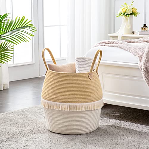 KAKAMAY Woven Baskets for Storage(17"x17"),Large Cotton Rope Woven Baby Laundry Hamper,Collapsible Laundry Basket, Blanket Basket for Organizing Living Room,Nursery,Pillows,Toy Chest(Beige) - color: Beige Fringe