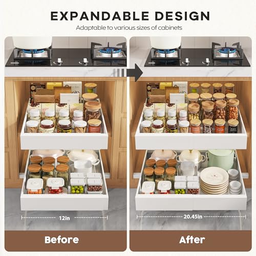 Seinloes 2 Pack Pull Out Cabinet Organizers 21"Deep with Raising Pad for Framed Cabinets,Expandable Slide Out Drawers Upgrade 3 Slide Rails,Roll Out Shelves Adhesive,Adjustable Width 12"-20.45" White - color: White, size: 12"-20.45"Wide x 21"Deep(2 Pack)