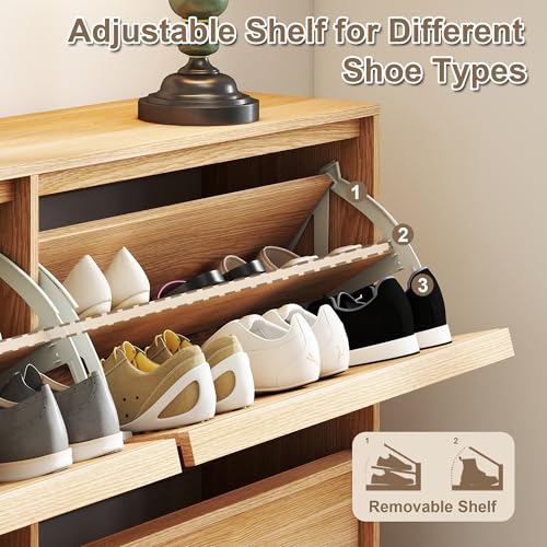 Shoe Storage Cabinet for Entryway with 4 Flip Drawers, Wooden Shoe Organizer Cabinet with Adjustable Shelf, Slim Freestanding Shoe Rack for Entryway, Hallway, Living Room, Natural Oak - color: Natural Oak