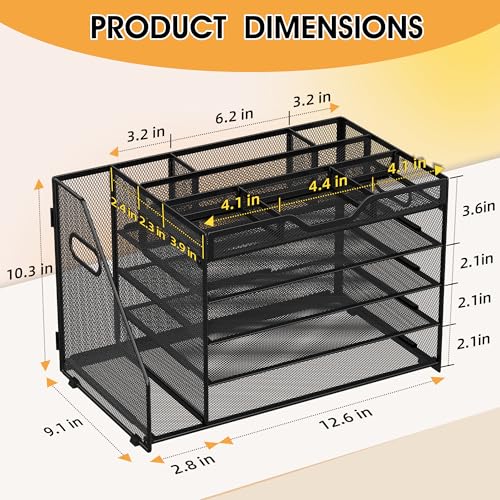 5 Tier Paper Letter Tray with File Holder and 3 Drop-in Pen Holders, Mesh Desk File Organizer with Handle, Desk Organizers and Accessories for School,Home, Office Supplies Storage-Black - color: Black, size: 15.4" x 9.1" x 10.3"