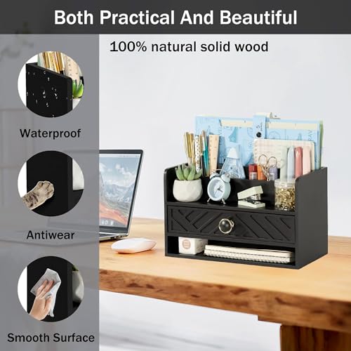 dreampossible Black Wood Desk Organizer and Accessories with Drawer, Bill Mail Organizer and File Mail Holder for Office Supplies, Desk Accessories & Workspace Organizers for Desk Organization - color: Black