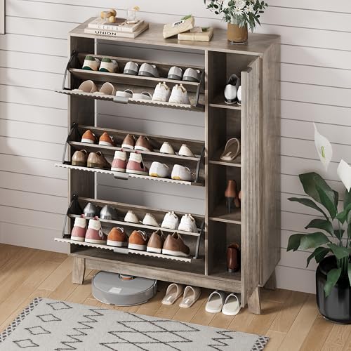 Shoe Cabinet Storage for Entryway with 3 Flip Drawers & Side Cabinet, Fluted Narrow Shoe Organizer with Wooden Leg, Freestanding Shoe Storage Hidden Shoe Rack Organizer for Front Door Entrance, Grey - color: Grey, size: 3 Drawer with Door