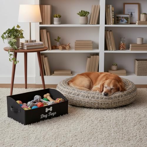 Morezi Linen-cotton blend dog toy basket and dog toy box, dog toy basket storage - Perfect for organizing pet toys, blankets, leashes, chew toys - Black - Dog - color: Dog Black