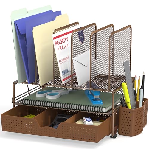 Simple Houseware Mesh Desk Organizer with Sliding Drawer, Double Tray and 5 Upright Sections, Copper - color: Copper