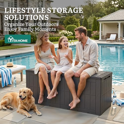 YITAHOME 134 Gallon Large Outdoor Storage Box with Lock, Waterproof Deck Box with Hydraulic Piston for Garden Tools, Pool Accessories & Cushions, Resin Deck Organizer with Bench Seat (Dark Brown) - color: Dark Brown, size: 134 Gallon, style: Deck Box