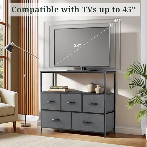 TV Stand, 5 Fabric Drawers Dresser Entertainment Center for TV up to 45 inch Wooden Media Console Table Storage Organizer with Open Shelf, for Living Room, Bedroom, or Small Space, Gray - color: Grey, size: 5 Drawers